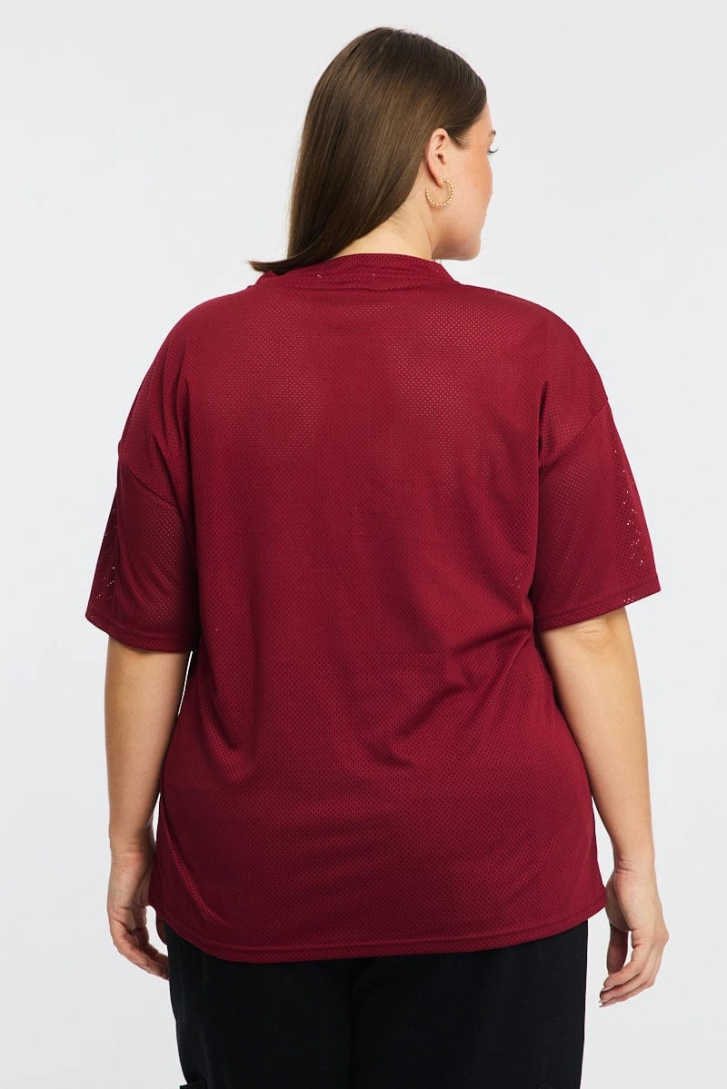 Athletic Wear Skin Friendly Blends Red Sport Tee Short Sleeve V-neck