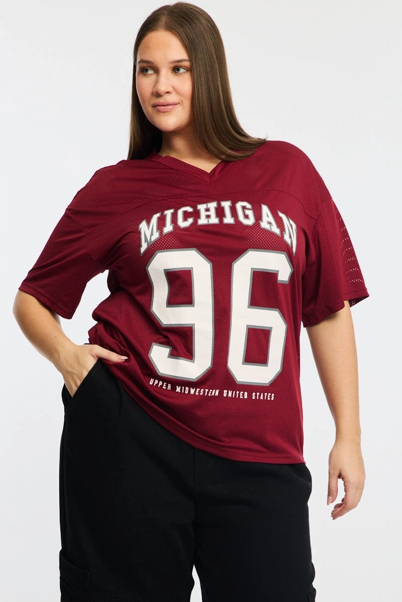 Red Sport Tee Short Sleeve V-neck Flexible Shoulder Seams