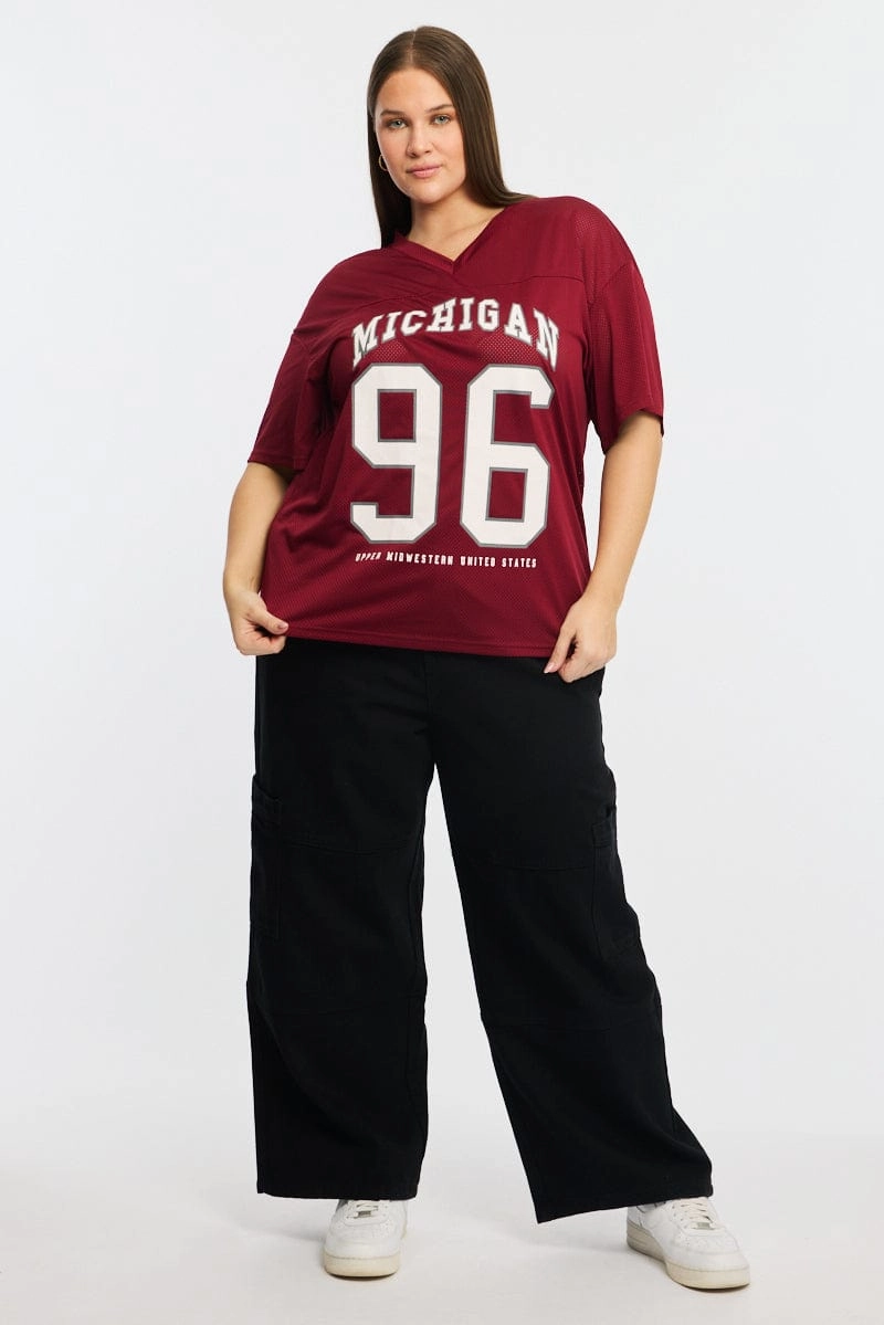 Red Sport Tee Short Sleeve V-neck Simple and Cozy