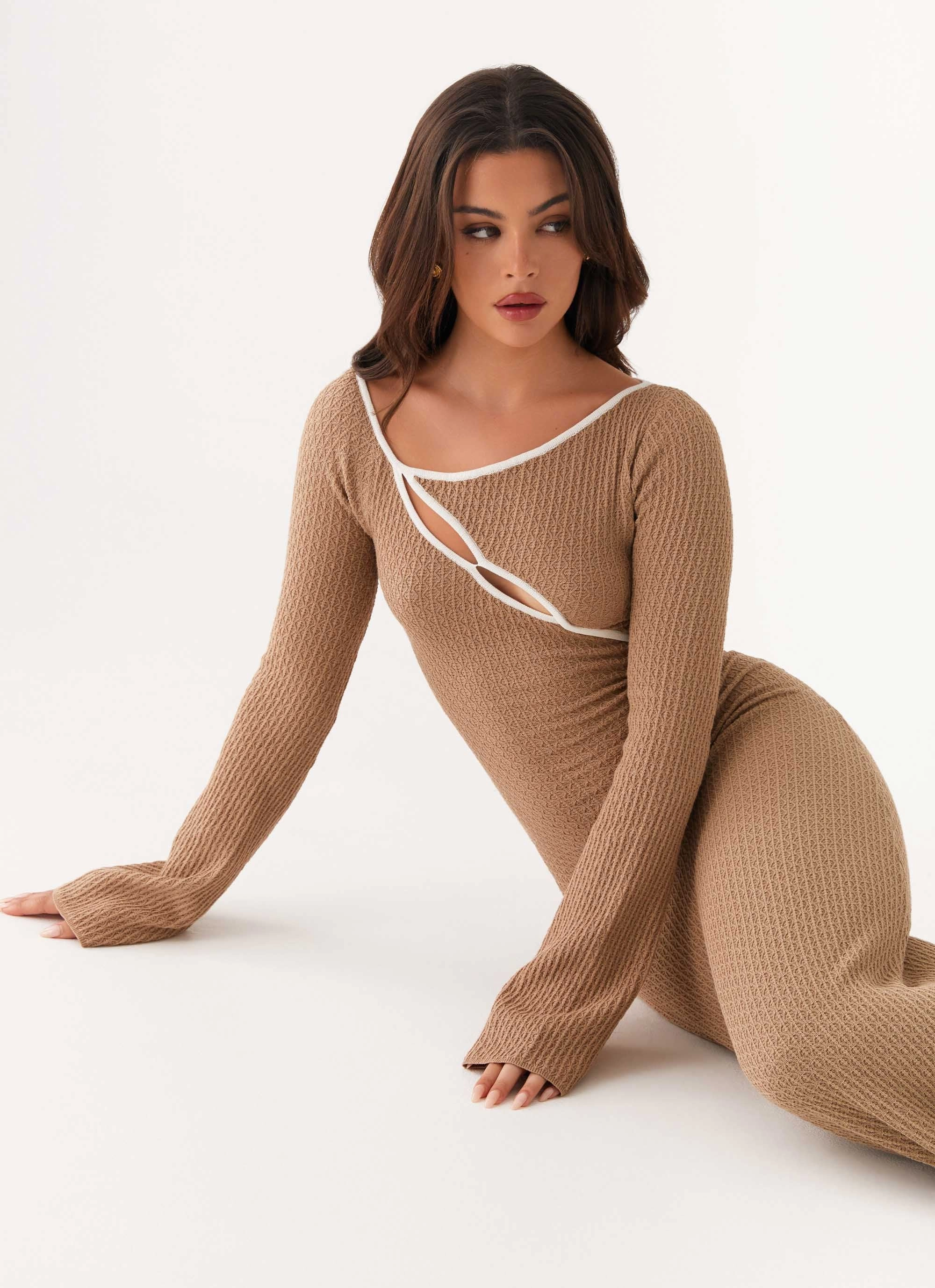 Hilary Crochet Maxi Dress - Tan Lounge Cut