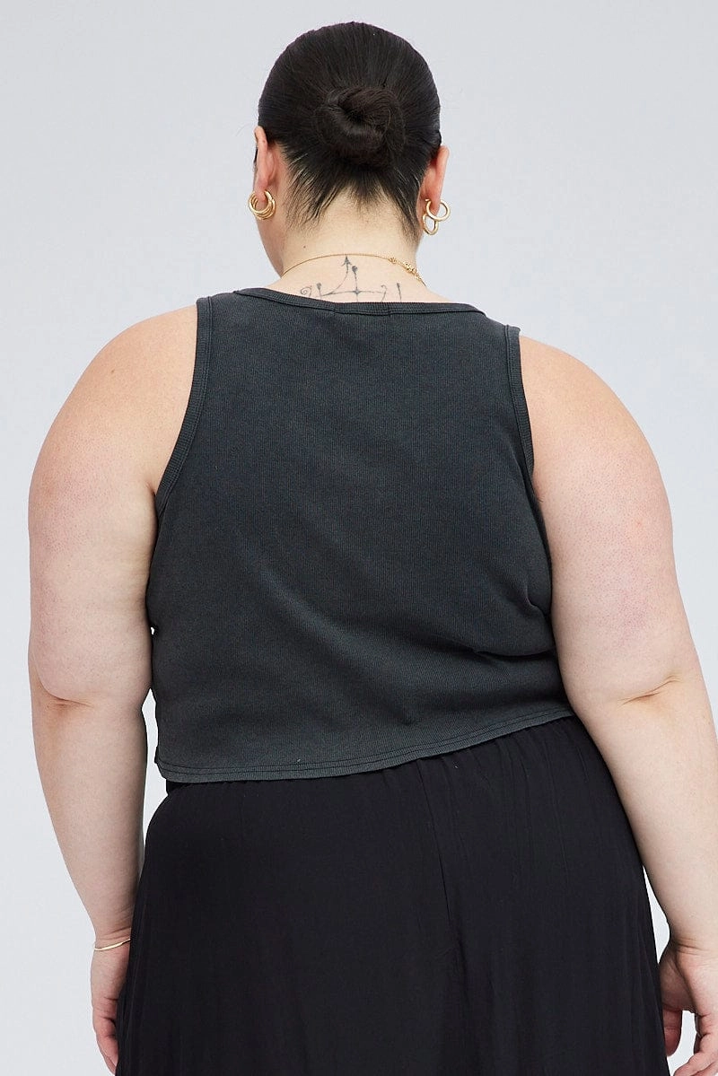 Seam Free Shoulders UV resistant Black Graphic Tank Top Crew Neck