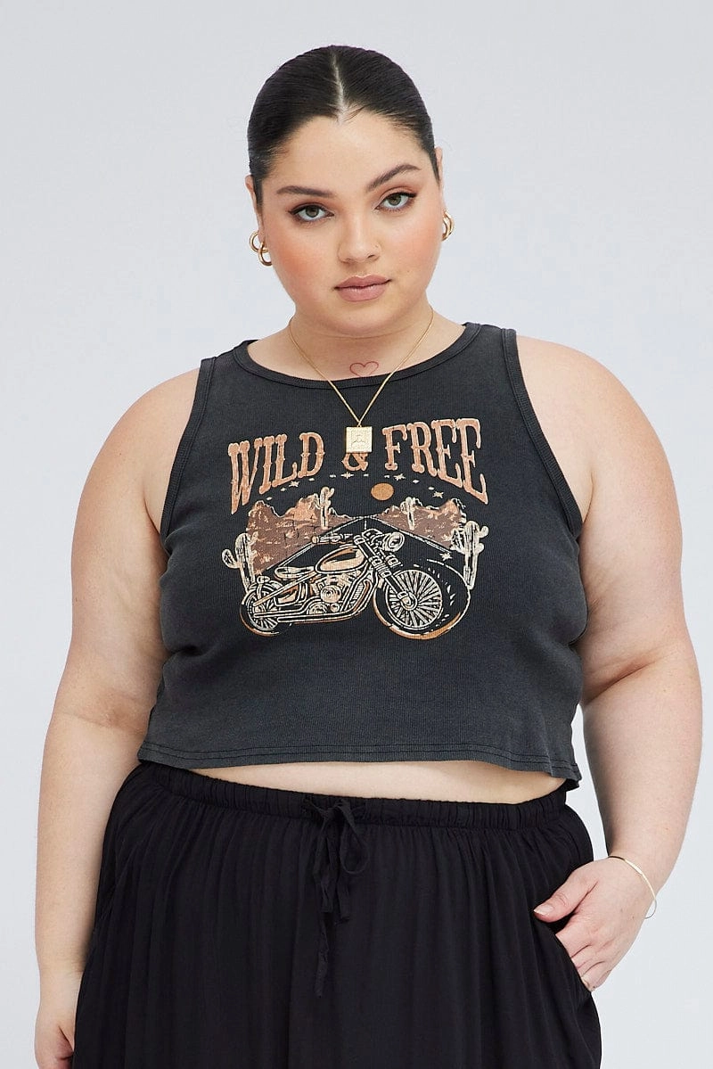 Black Graphic Tank Top Crew Neck No Shrink Fabric