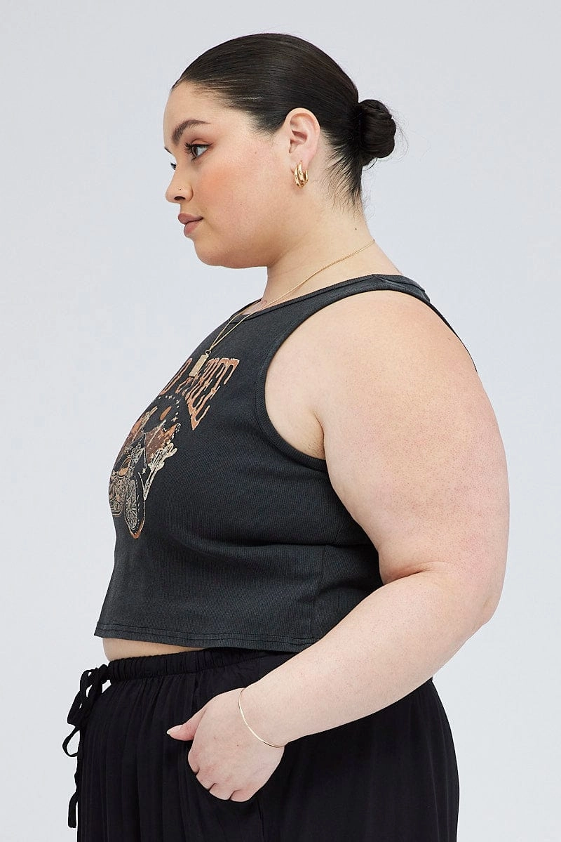 Cool Design Black Graphic Tank Top Crew Neck