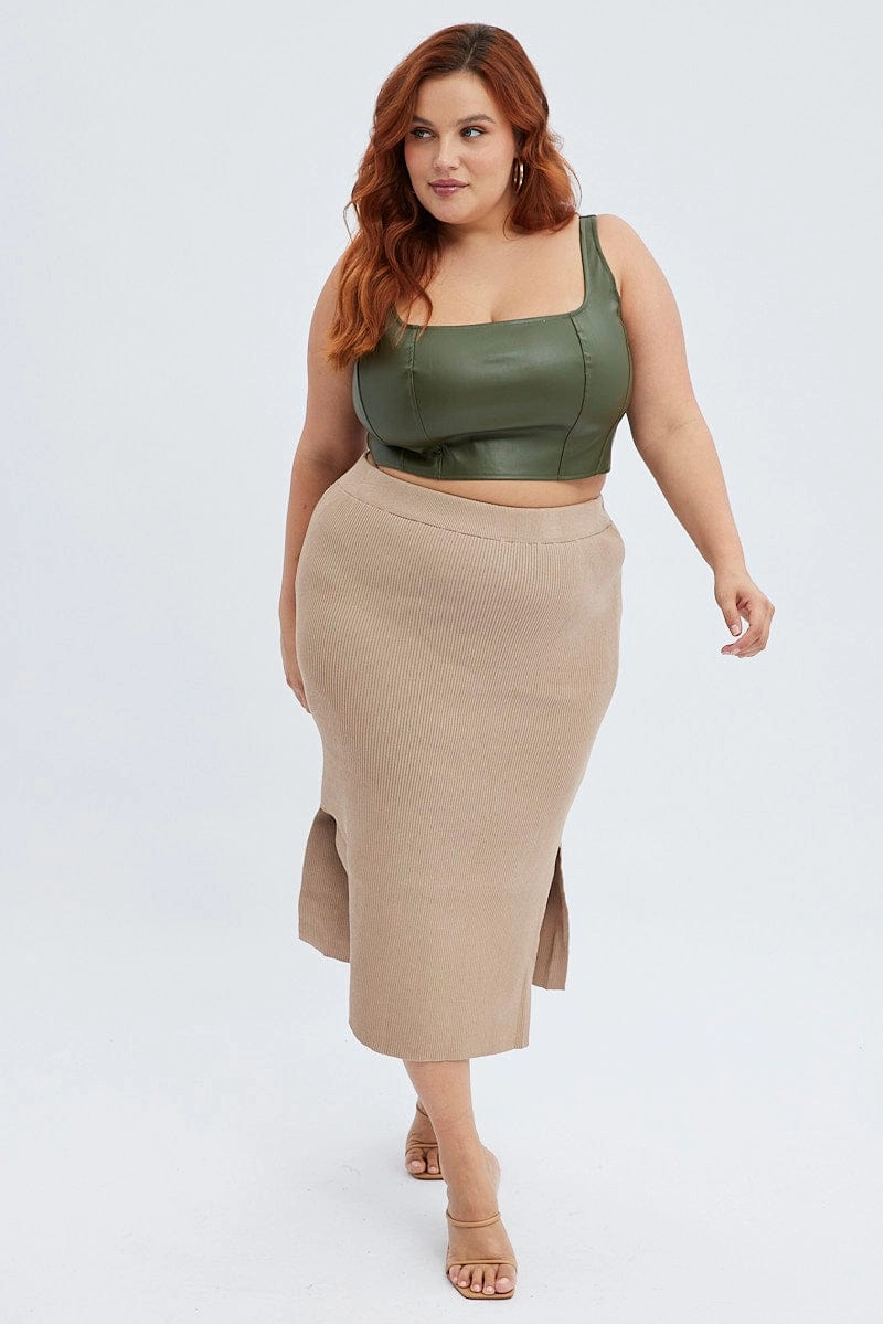 Camel Knit Skirt Midi Side Split Everyday Favorite Smart Texture