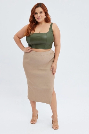 Minimal Touch Crochet Style Camel Knit Skirt Midi Side Split