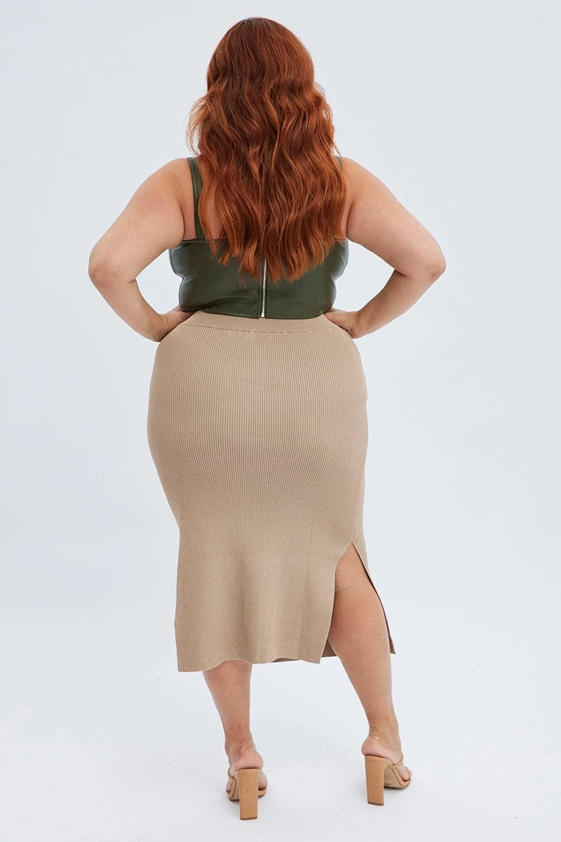 Camel Knit Skirt Midi Side Split Slip Resistant Waistband Neutral palette