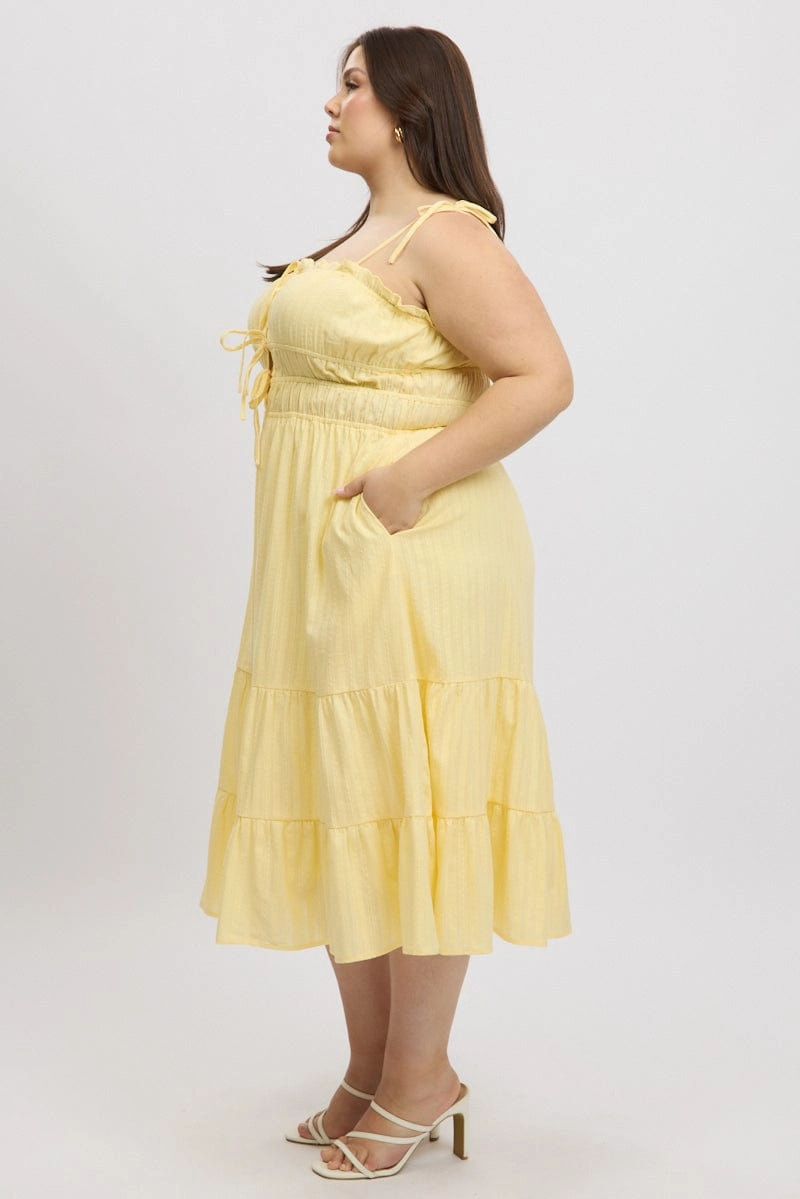 Yellow Midi Dress Sleeveless Tie Front Tiered Textured Sustainable-Lining