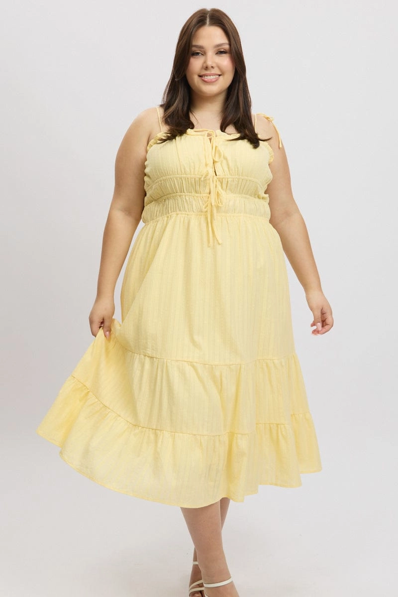 Yellow Midi Dress Sleeveless Tie Front Tiered Textured Minimalist Elegance