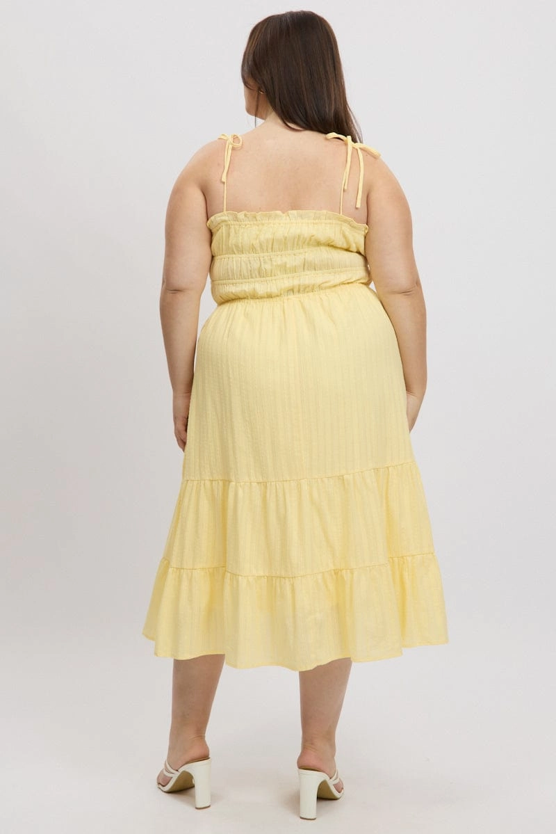 Yellow Midi Dress Sleeveless Tie Front Tiered Textured sweet moment