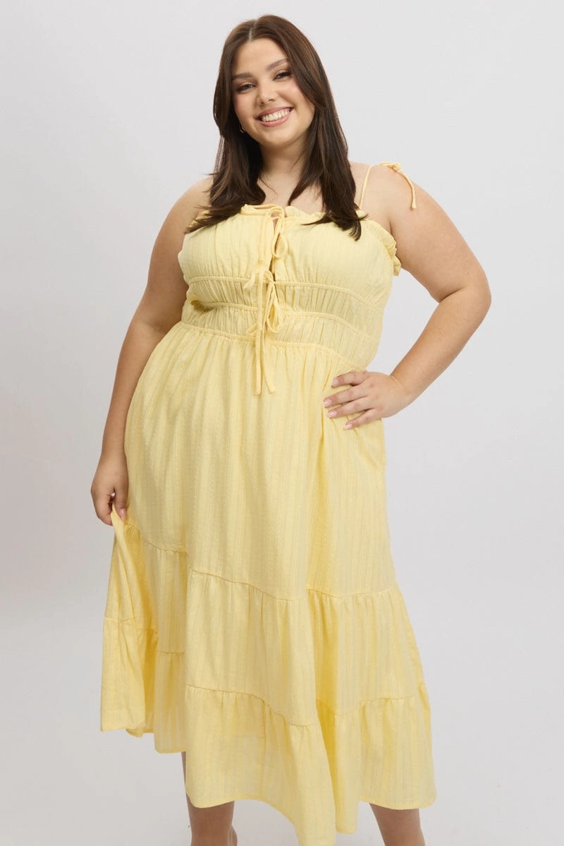 Yellow Midi Dress Sleeveless Tie Front Tiered Textured AntiStaticMaterial Easy Draping