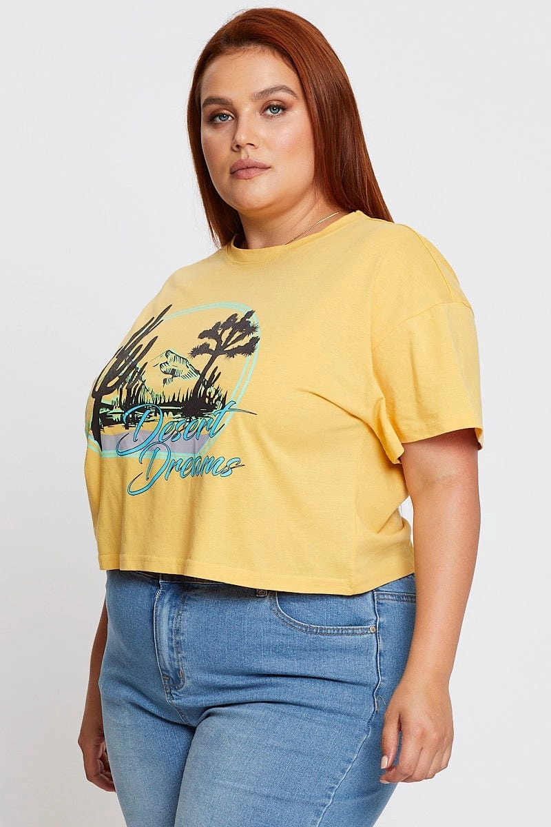 Practical Wear Yellow Short Sleeve Desert Dreams Semi Crop T-shirt