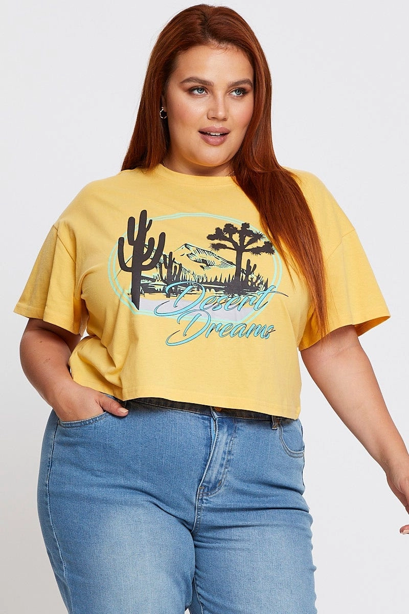 Yellow Short Sleeve Desert Dreams Semi Crop T-shirt Stylish Design Soft Breathable