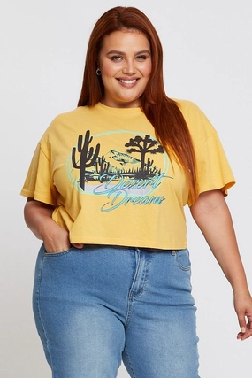 Casual Everyday Yellow Short Sleeve Desert Dreams Semi Crop T-shirt