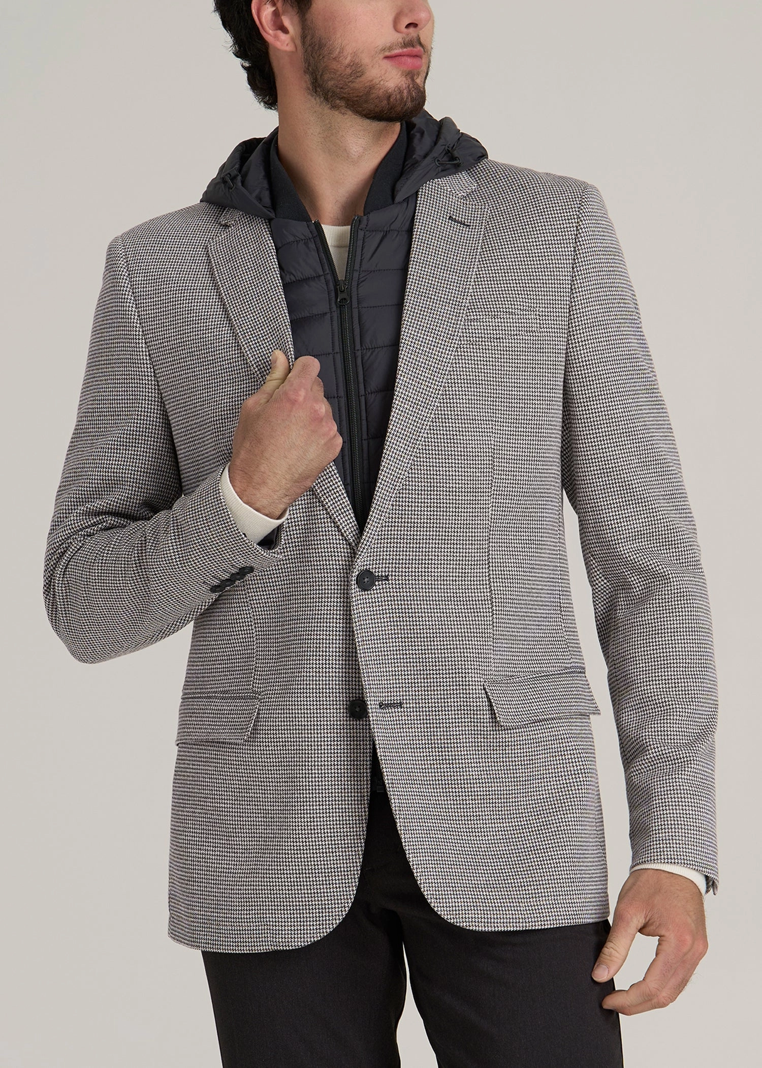 Hooded Bib Blazer for Tall Men in Chocolate and Black Houndstooth Flexible Cuffs