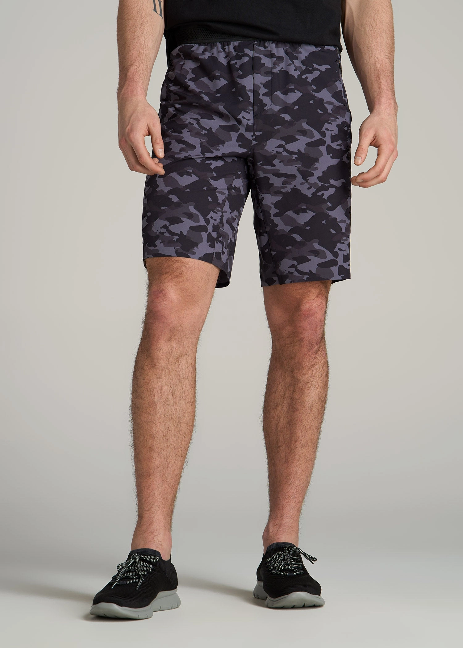 Warm Day Outfit TemperatureRegulating Featherweight Perforated Training Shorts for Tall Men in Black Camo