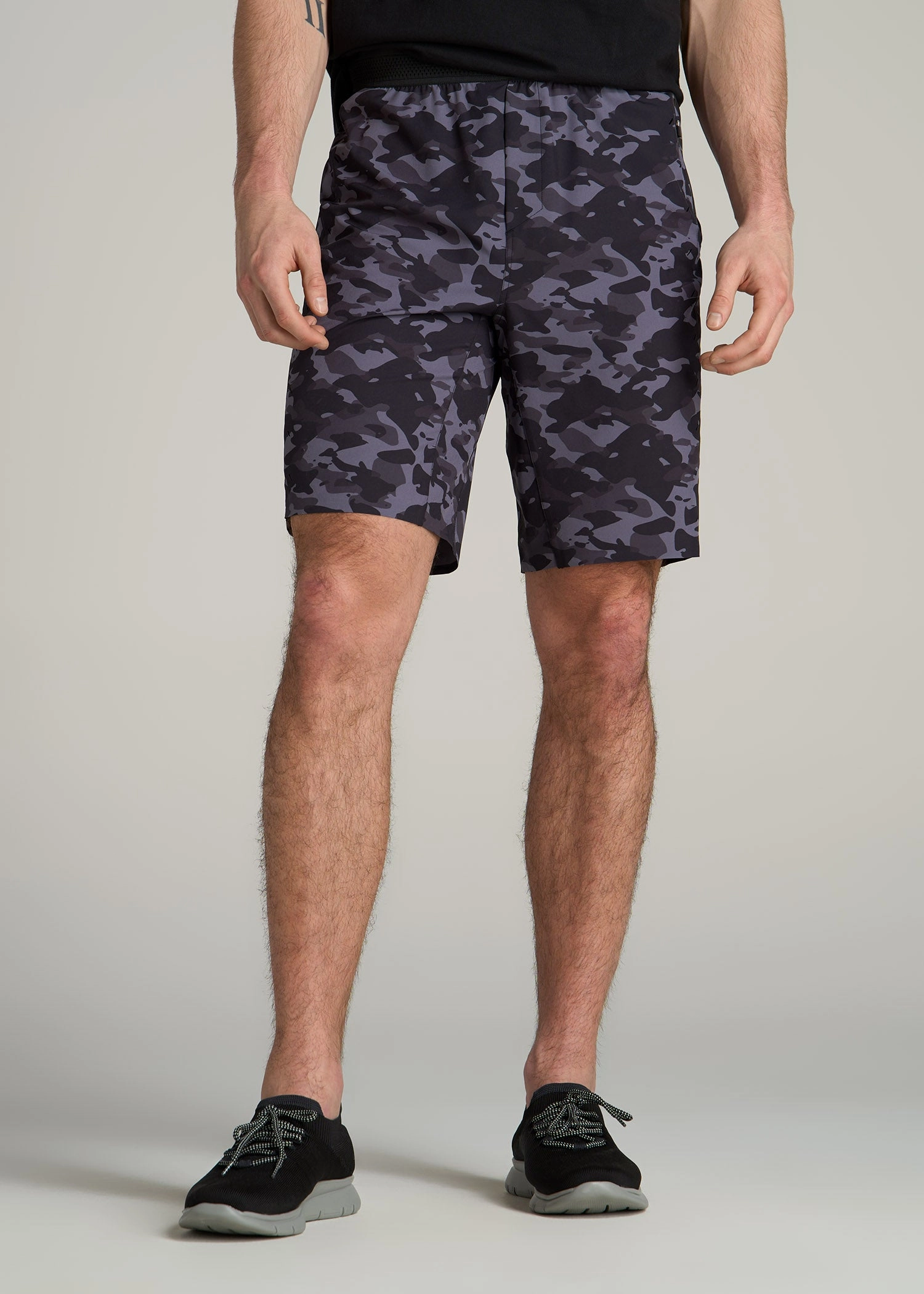 Featherweight Perforated Training Shorts for Tall Men in Black Camo Eco Conscious Packaging