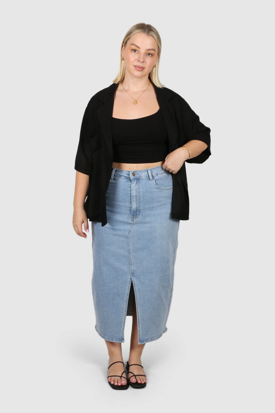 Visual Outfit Chic Fit HUDSON MIDI SKIRT BLUE WASH