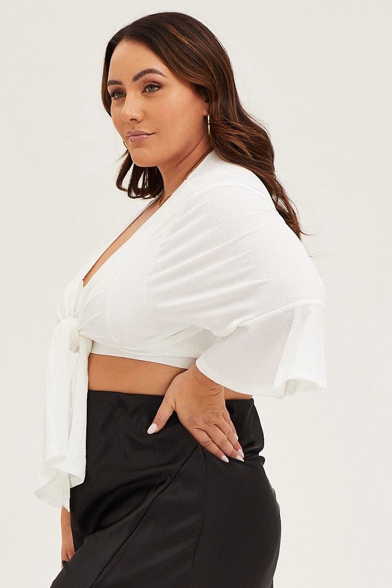 White Ruffle Sleeve Tie Up Crop Cardigan Magnetic Closure System Lightweight Packability