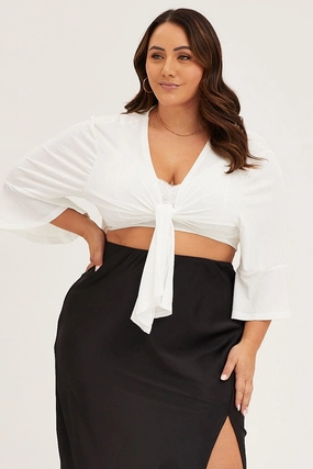 Bonded Seam Technology Noise Reducing Hardware White Ruffle Sleeve Tie Up Crop Cardigan