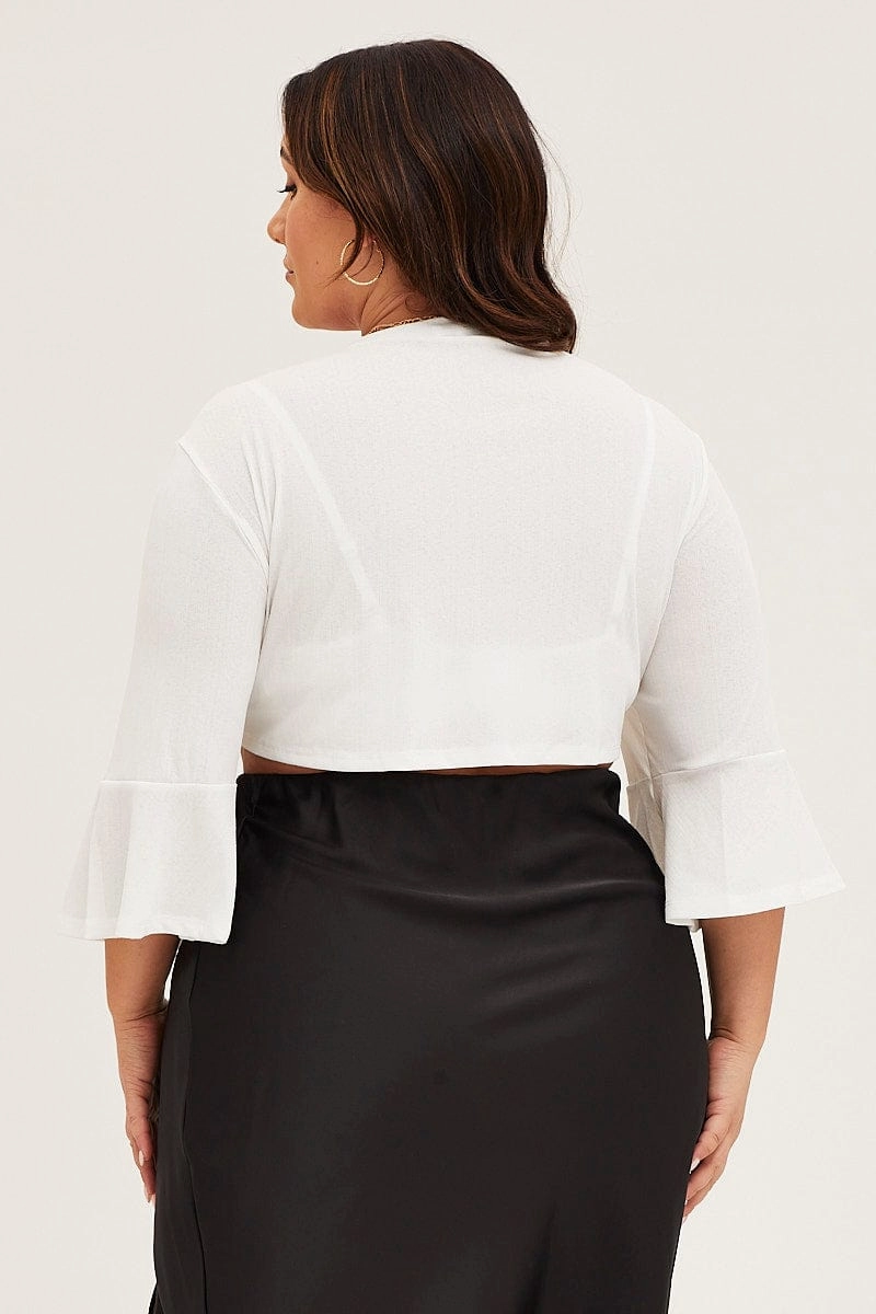 White Ruffle Sleeve Tie Up Crop Cardigan Advanced Insulation Seamless Bonding