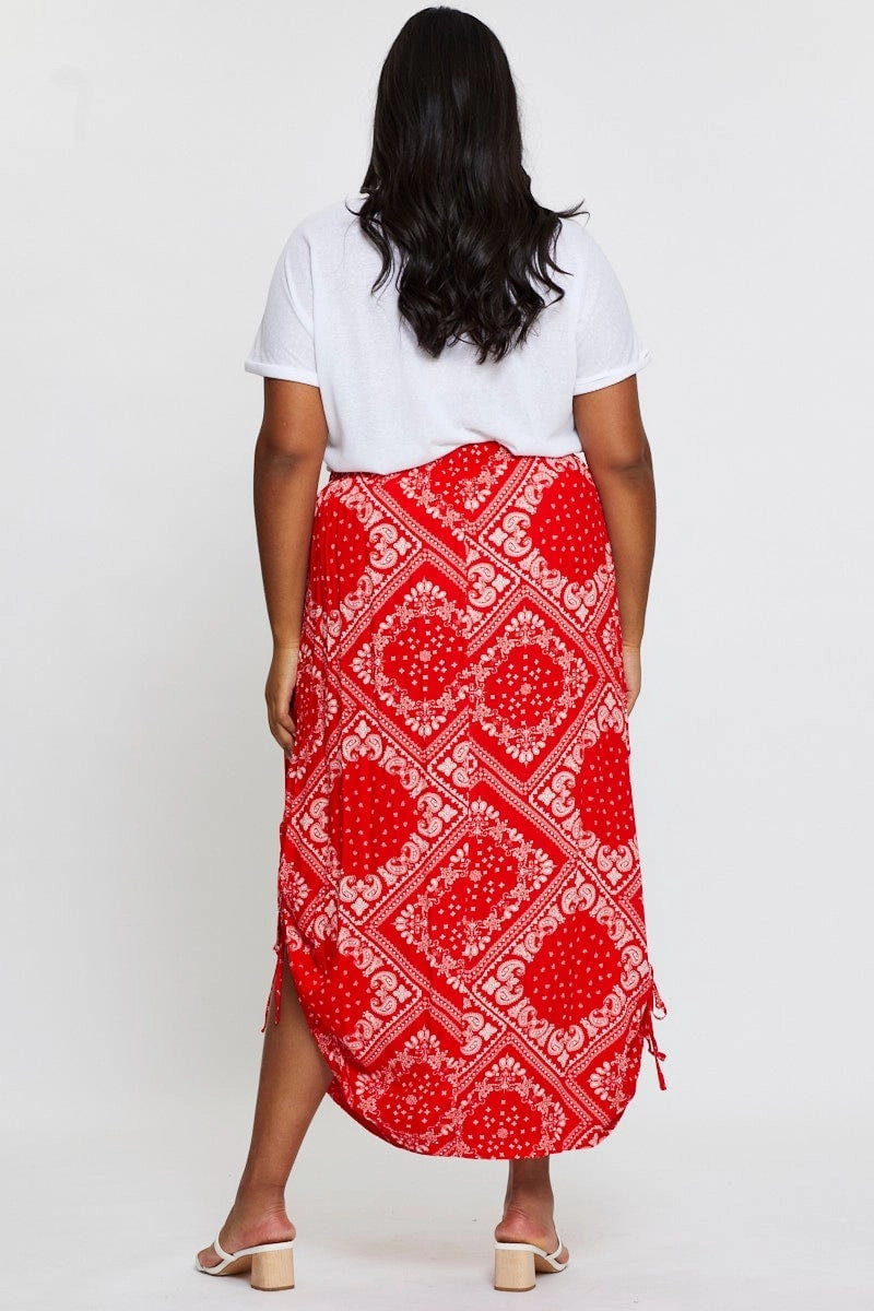 Textured Surface Boho Print Maxi Rushed Skirt Waist Tie