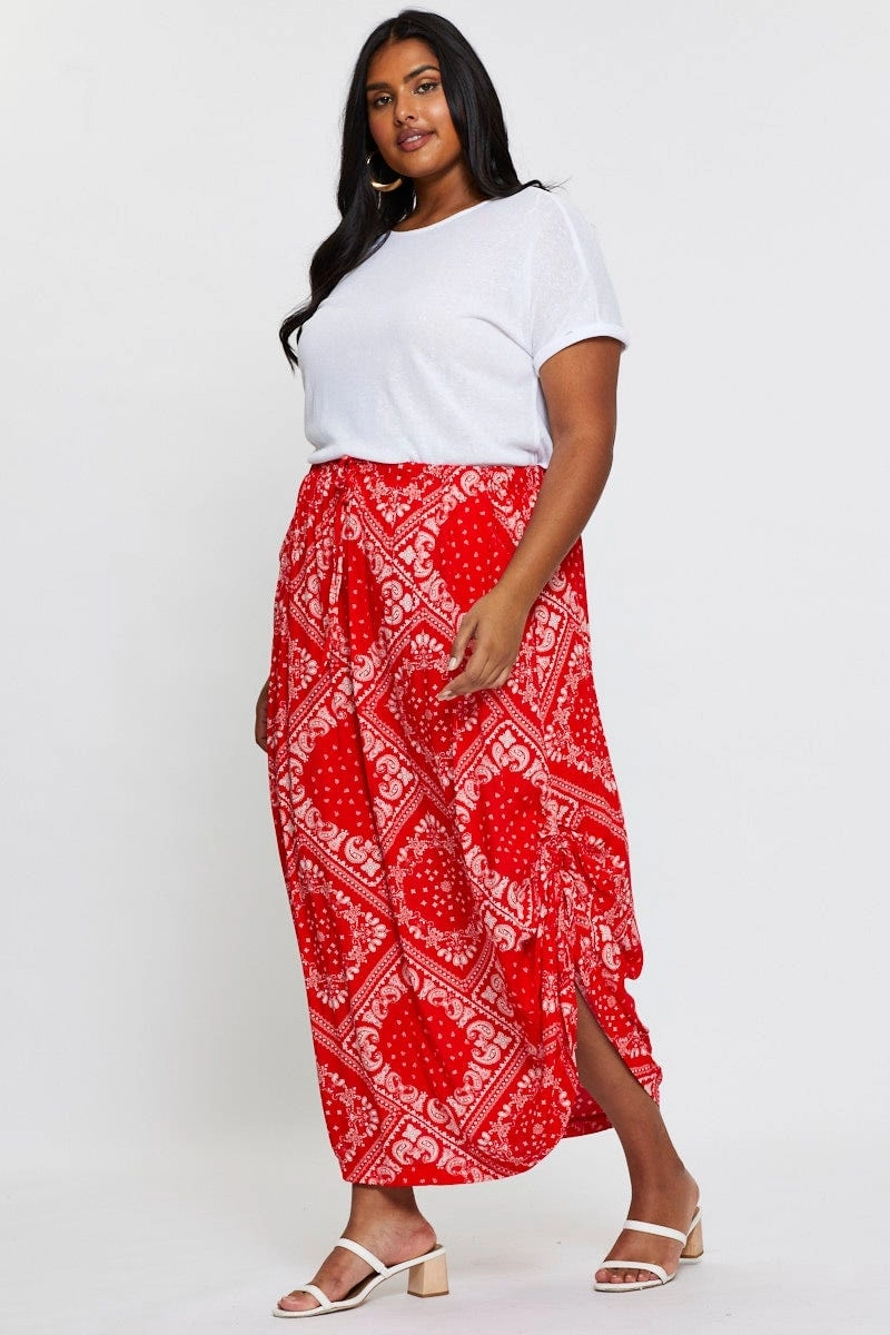 Drawstring closure Boho Print Maxi Rushed Skirt Waist Tie