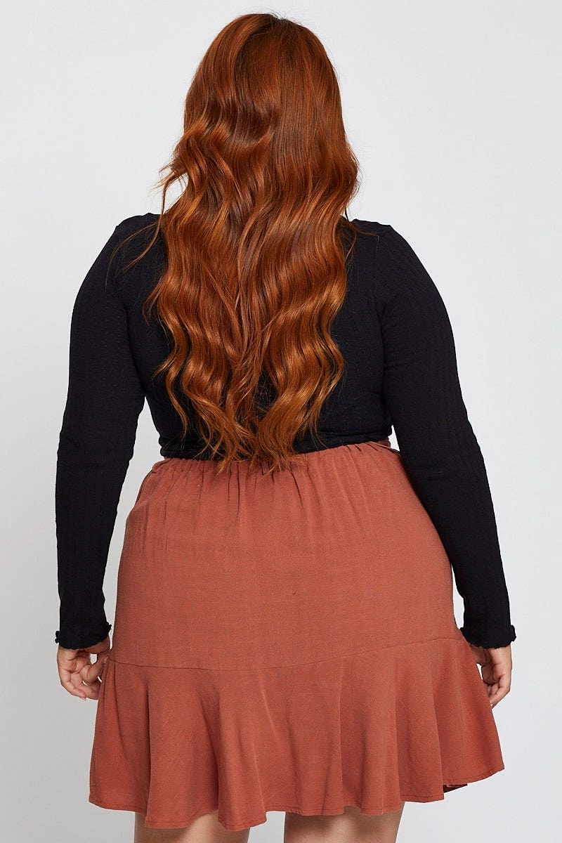 Brown High Waist Linen Blend Belted Skirt Handmade Quality Hygienic Coating