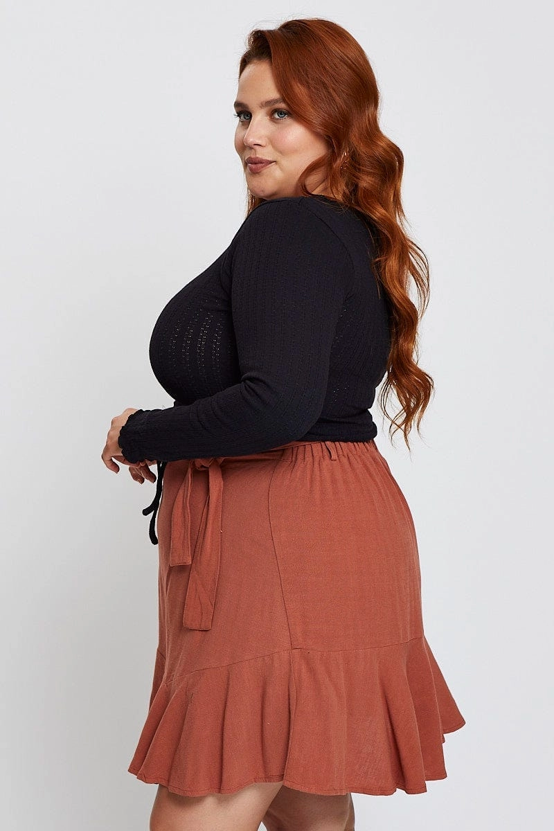 Suede Feel Aesthetic Fit Brown High Waist Linen Blend Belted Skirt