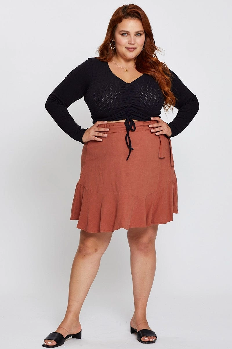 Texture Shot Brown High Waist Linen Blend Belted Skirt