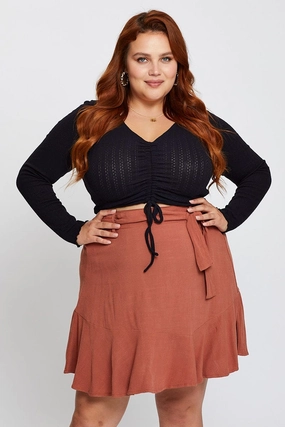 Plus size option Brown High Waist Linen Blend Belted Skirt