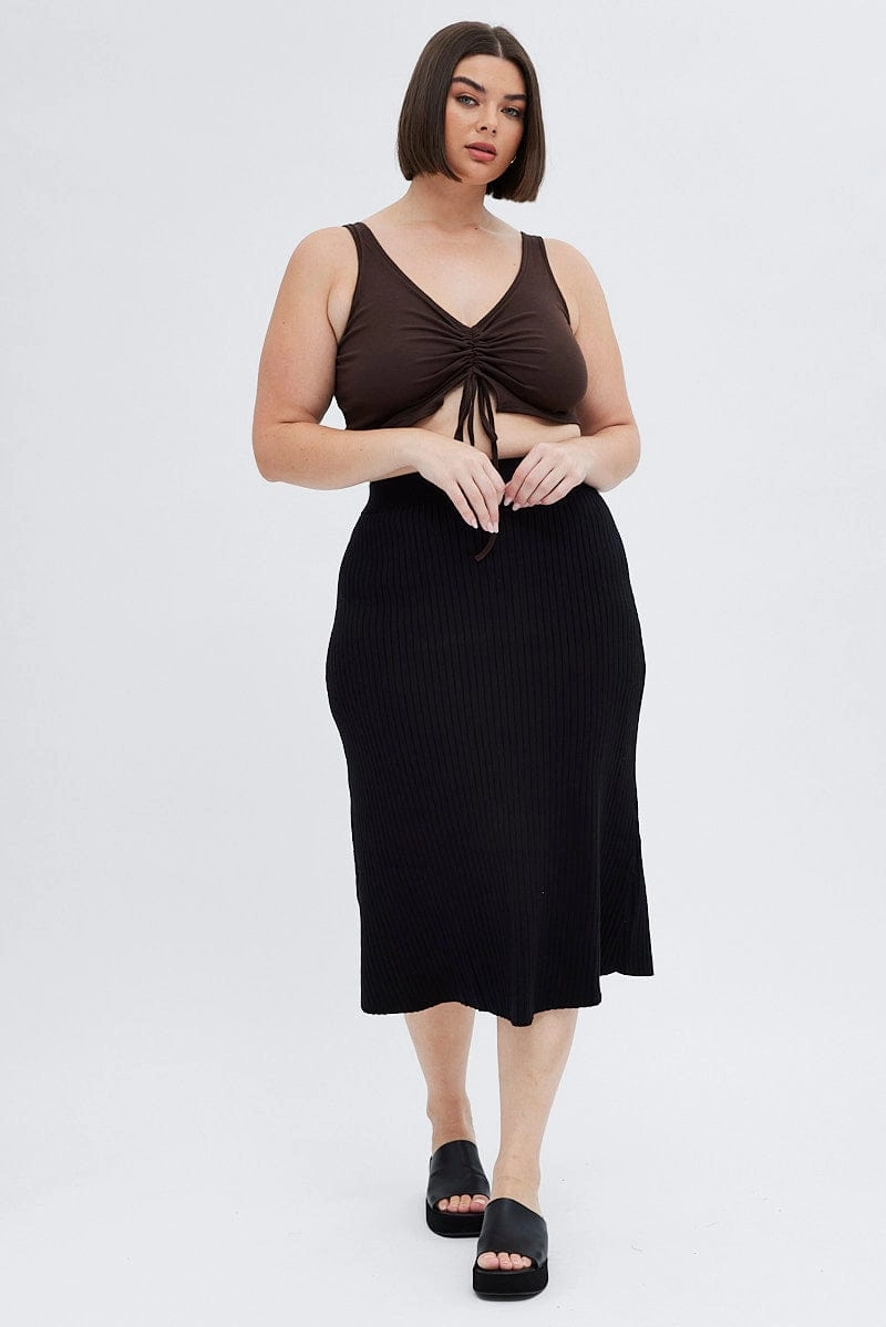 Lightweight Fabric Non Irritating Edges Black Knit Skirt Elastic Waist Midi Flare Rib