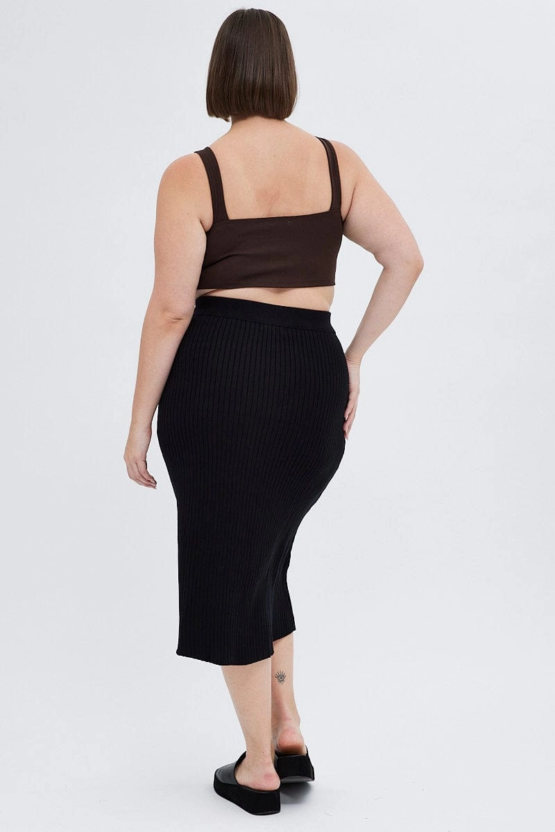 Black Knit Skirt Elastic Waist Midi Flare Rib Crafted Detail