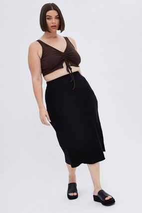 Black Knit Skirt Elastic Waist Midi Flare Rib Wrinkle Resistant Finish Soft Motion