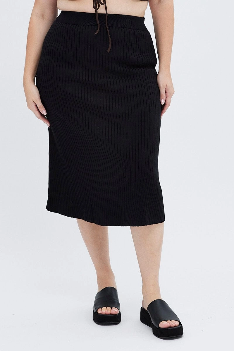Neutrals Only On-The-Go Outfit Black Knit Skirt Elastic Waist Midi Flare Rib