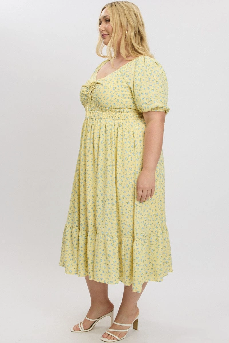 Yellow Ditsy Midi Dress Short Sleeve Ruched Knit Cool