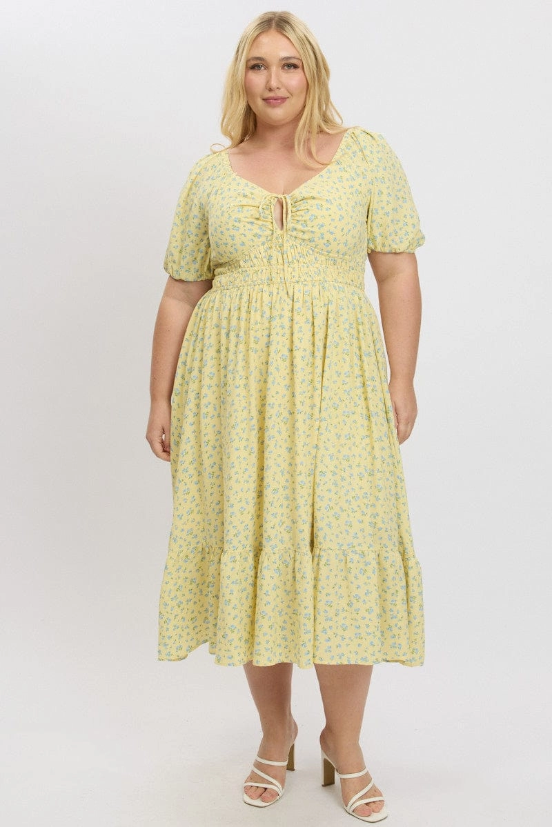 Yellow Ditsy Midi Dress Short Sleeve Ruched Luxe Touch