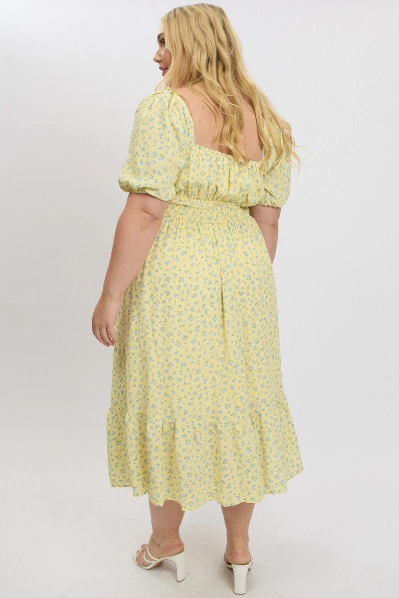Yellow Ditsy Midi Dress Short Sleeve Ruched Smart Cut