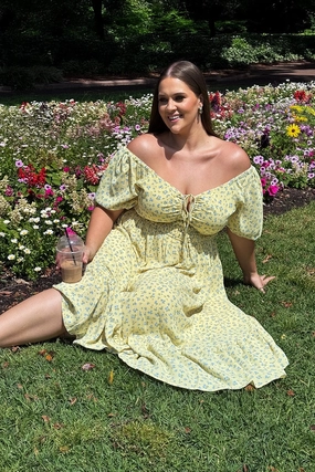 Yellow Ditsy Midi Dress Short Sleeve Ruched Soft Stitch