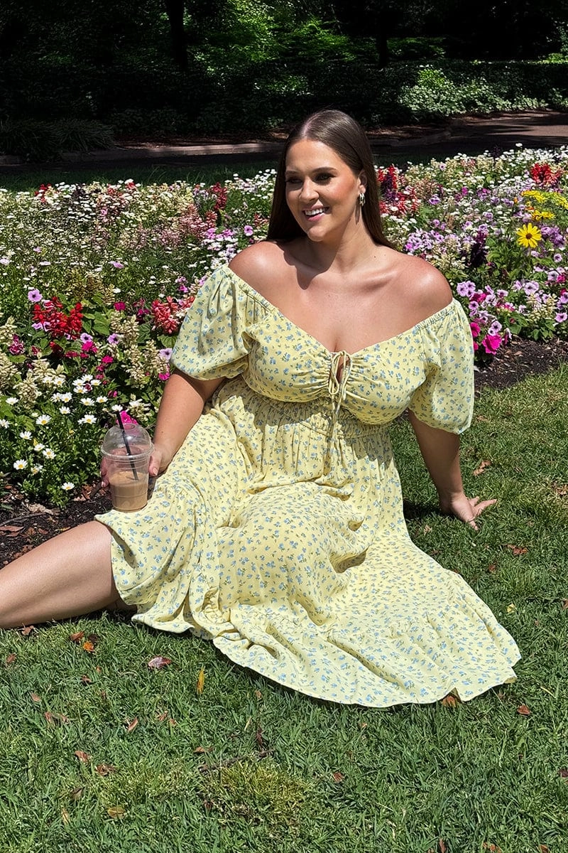 Yellow Ditsy Midi Dress Short Sleeve Ruched Soft Stitch