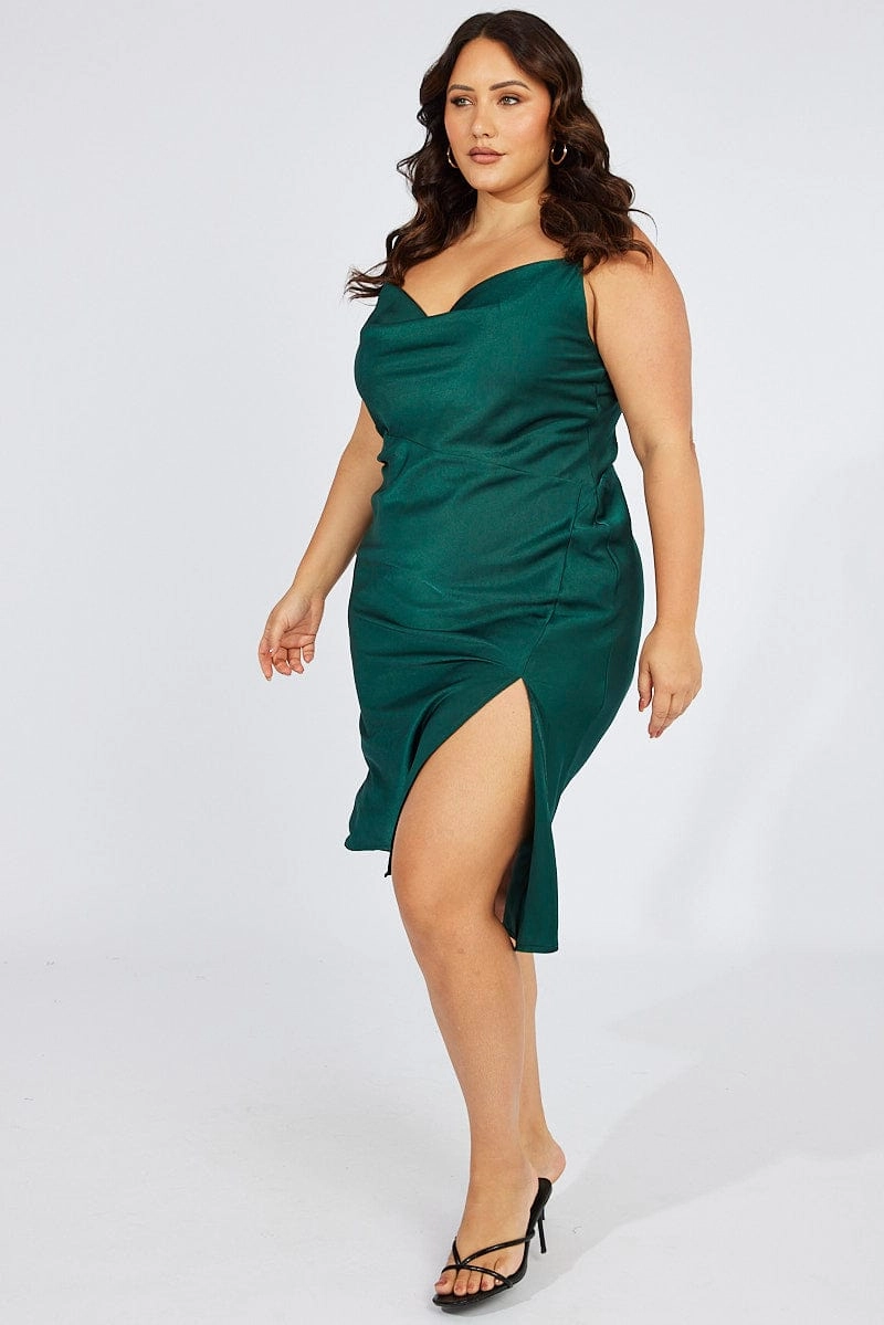 Blue Cowl Midi Dress Satin Front Split Minimalist Design