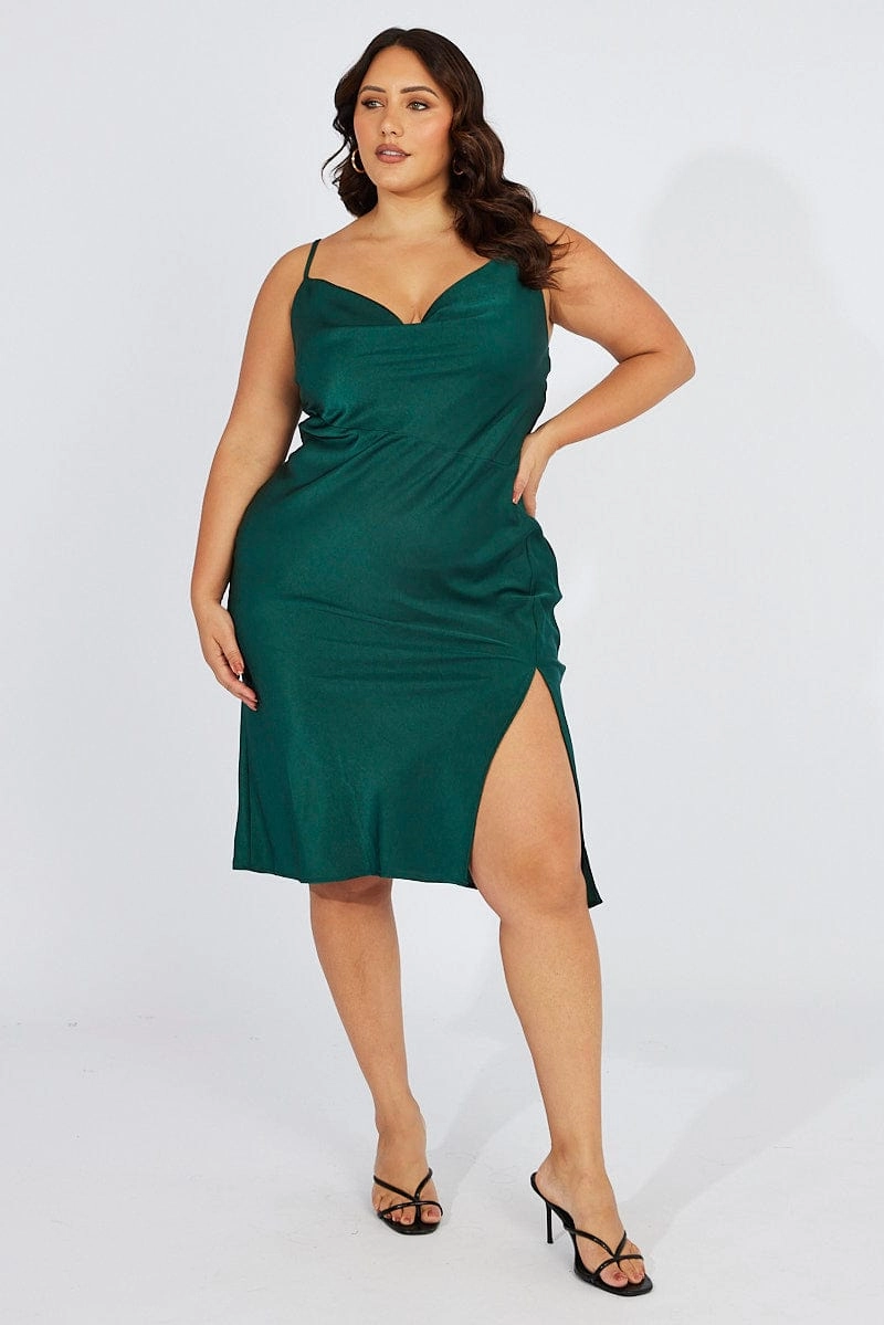Blue Cowl Midi Dress Satin Front Split Dreamy Layers Clean Stitch