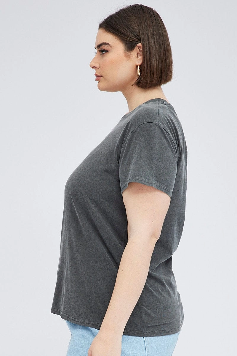 Modern Casual Black T-shirt Short Sleeve Crew Neck Washed