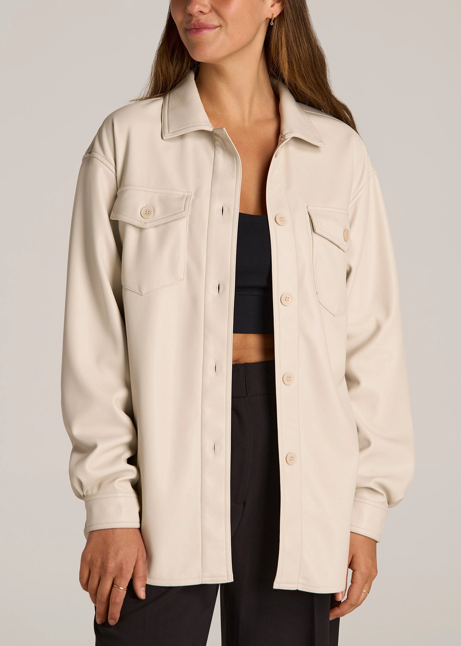 Anti Pilling Finish Waterproof Shell True Touch Leather Shirt Jacket for Tall Women in Vanilla Latte