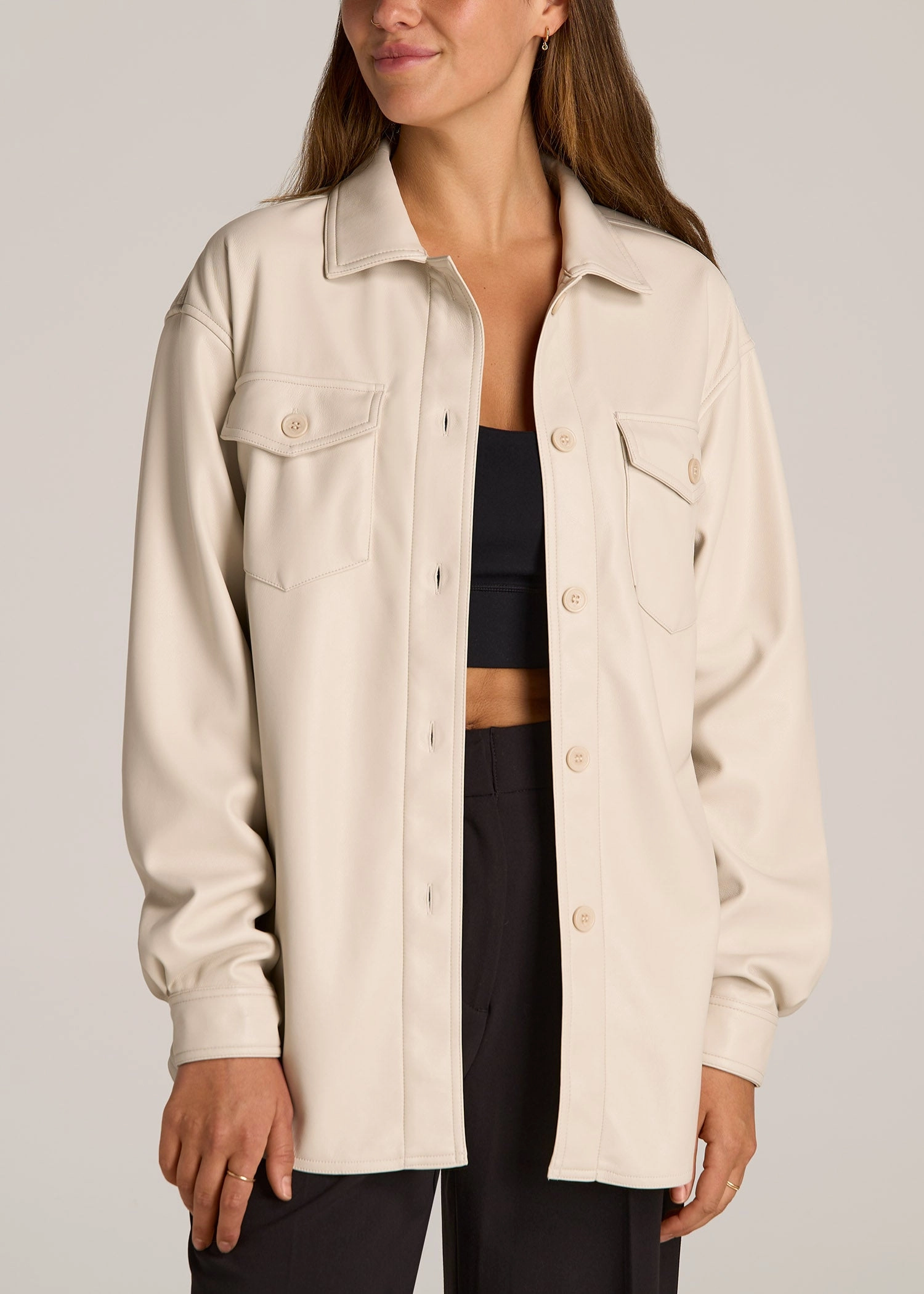 Street Comfort Fit True Touch Leather Shirt Jacket for Tall Women in Vanilla Latte
