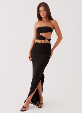 Into Pieces Mesh Maxi Dress - Black Trendy Waistband Evening Chic