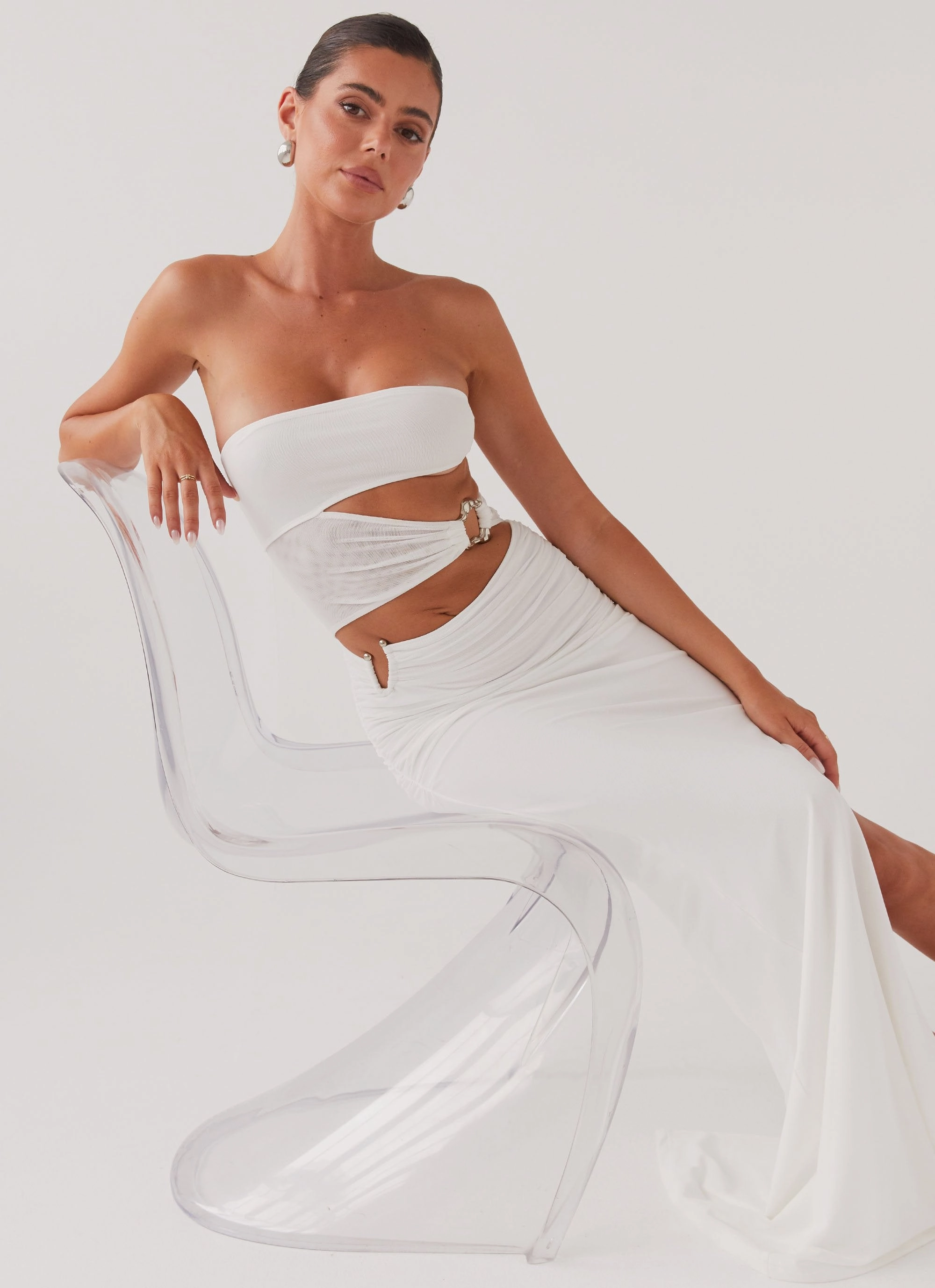 Into Pieces Mesh Maxi Dress - White Scalloped-Edge Tear-resistant
