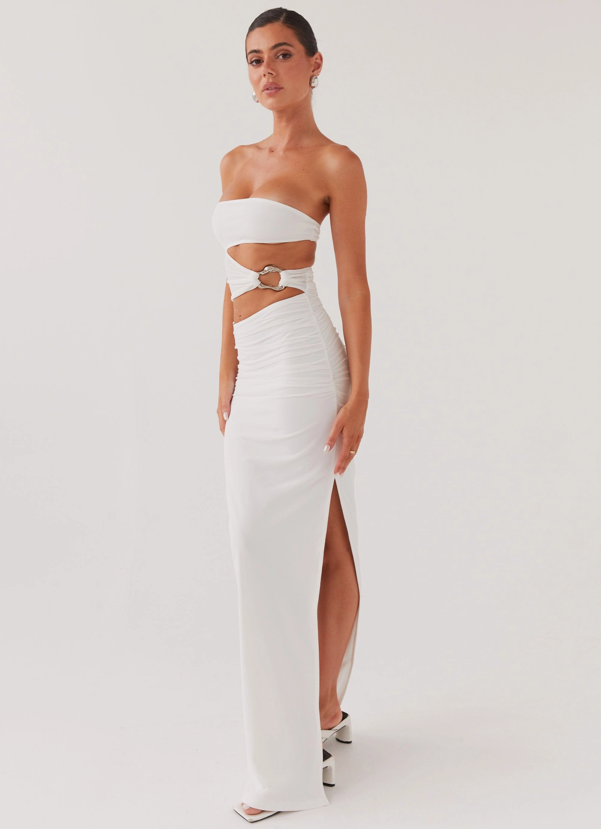 Stylish Waistband Fit Linen Love Into Pieces Mesh Maxi Dress - White