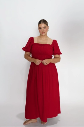 ISMAE MAXI DRESS RED Luxurious Texture Trendy Layering