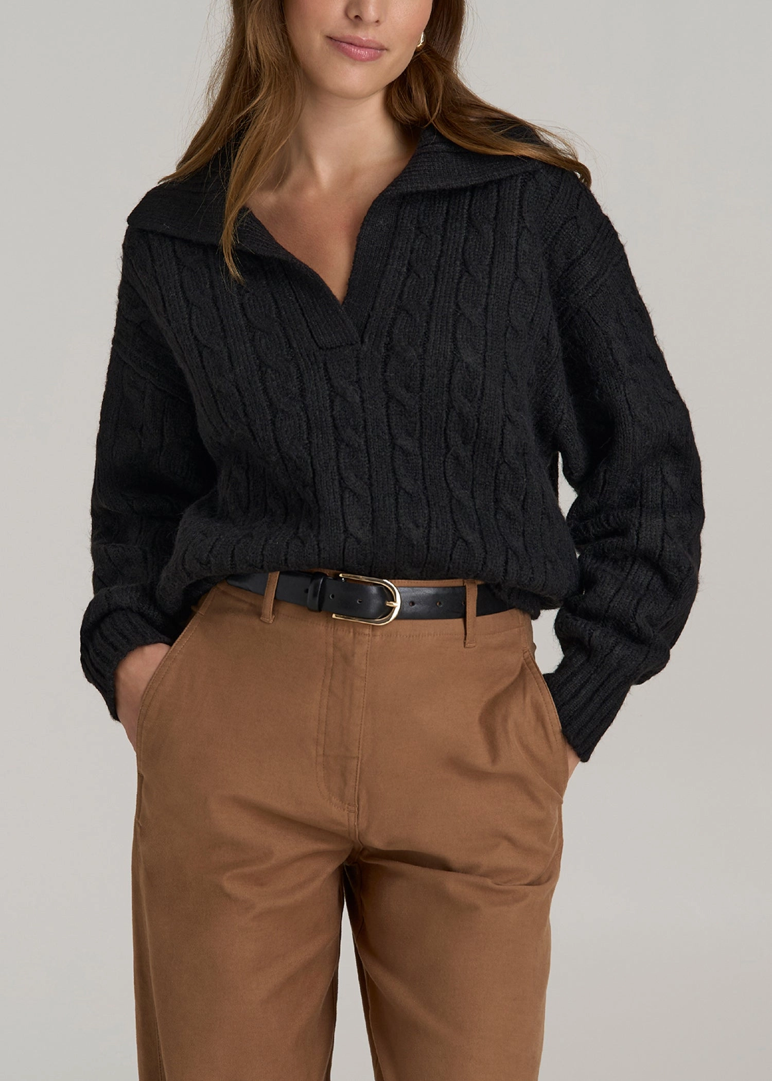 Seasonal Fashion Johnny Collar Cable Knit Sweater for Tall Women in Black