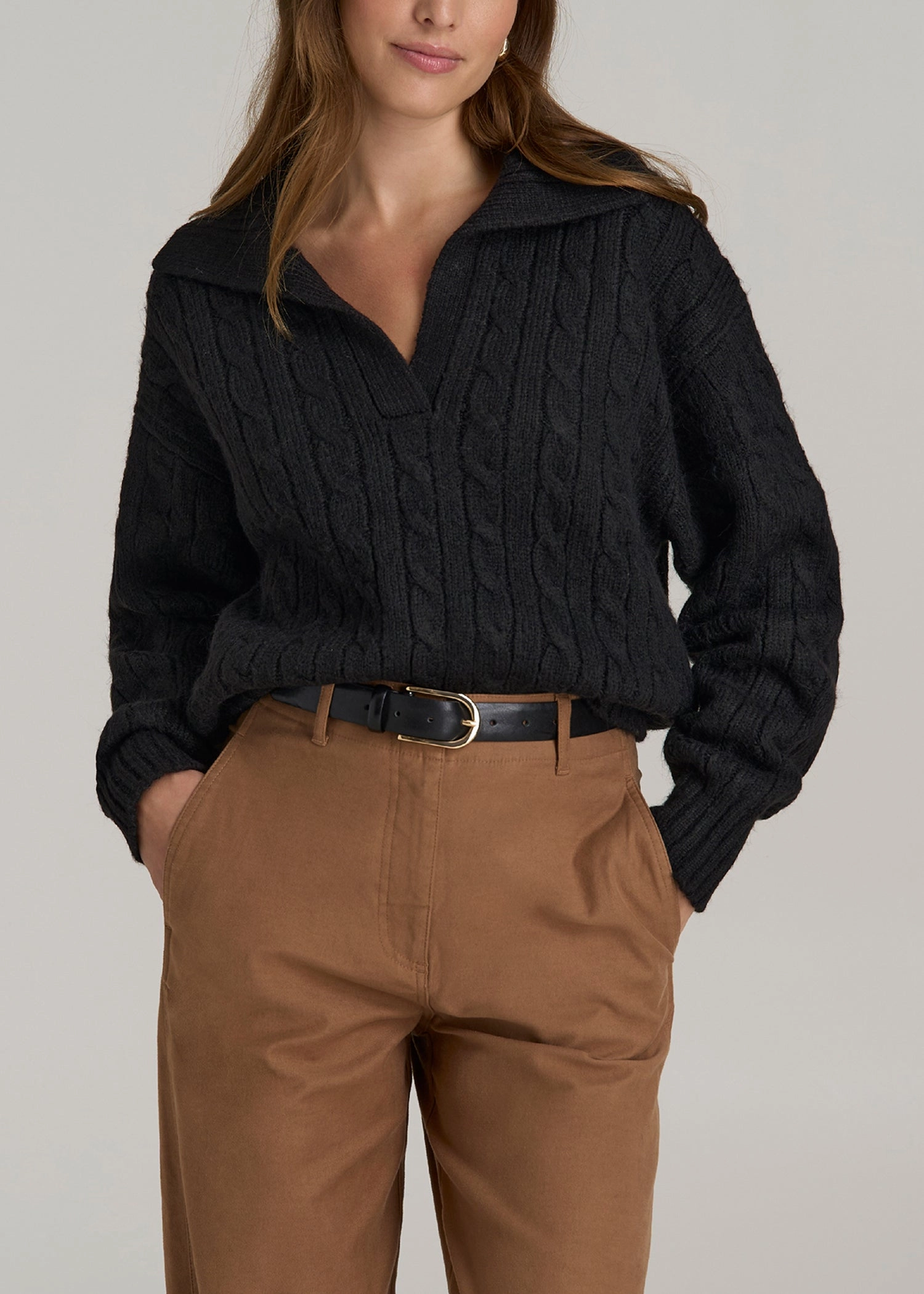 Johnny Collar Cable Knit Sweater for Tall Women in Black appropriate for autumn